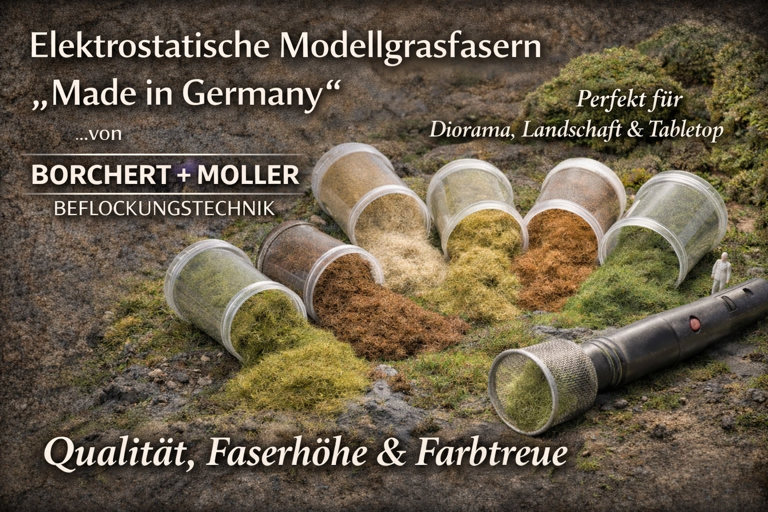 Für unsere Modellgras- und Beflockungsfasern arbeiten wir mit dem deutschen Unternehmen Borchert und Moller Beflockungstechnik zusammen.
